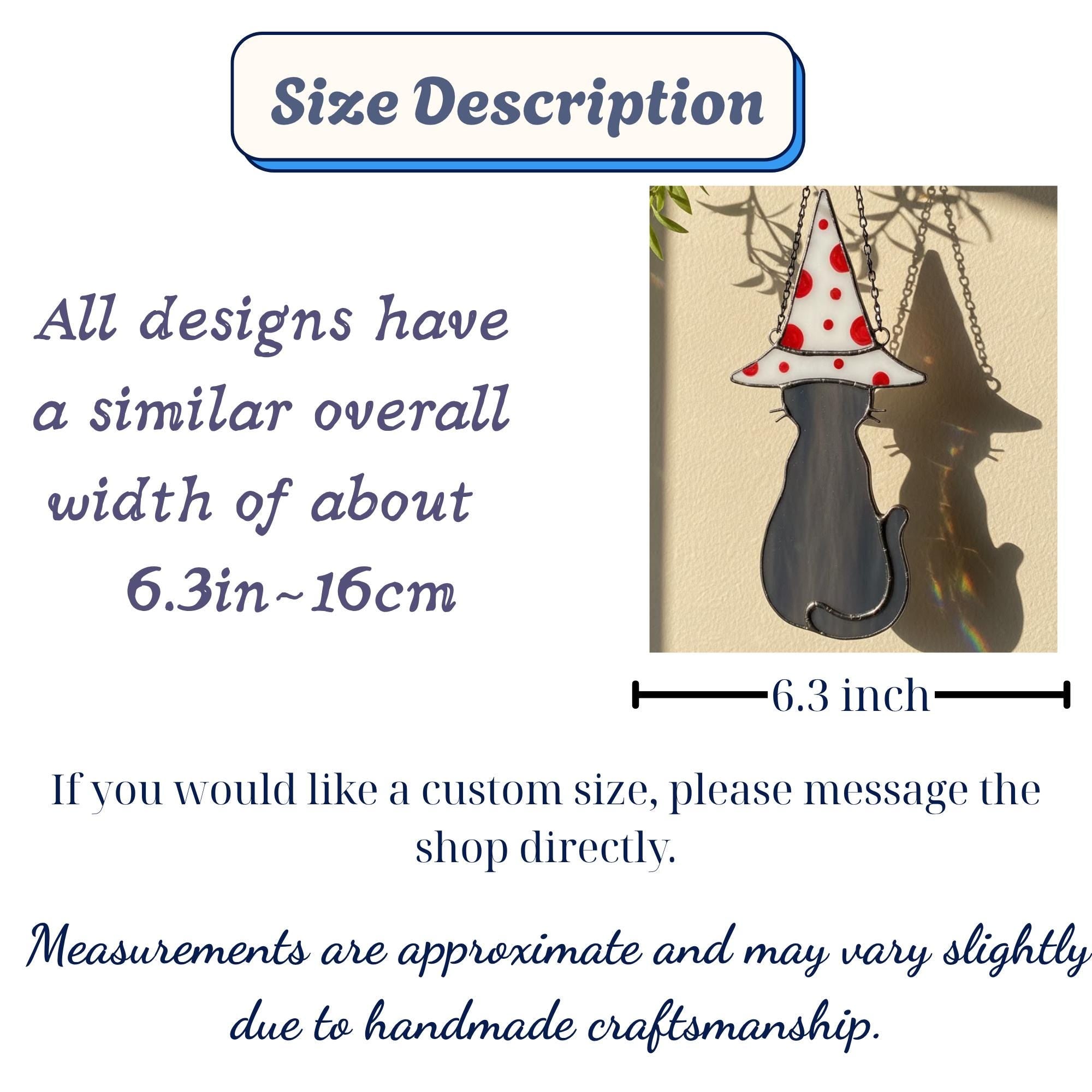 Product size description of cat stained glass ornament – detailed handmade glass measurement guide.