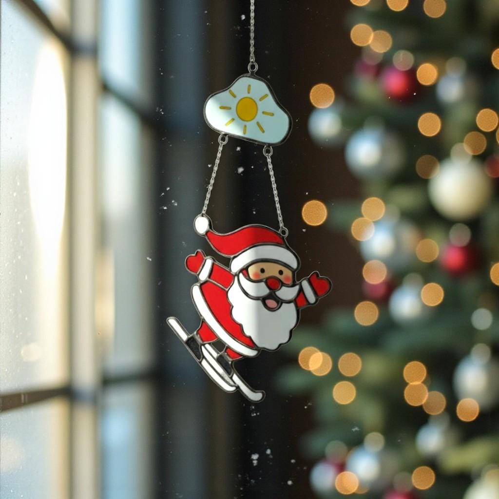 Skiing Santa Stained Glass Suncatcher, Christmas Window Decor, Unique Holiday Gift, Santa Ornament, Winter Wall Art, Handmade Christmas Gift