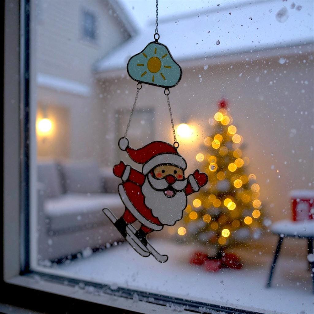 Skiing Santa Stained Glass Suncatcher, Christmas Window Decor, Unique Holiday Gift, Santa Ornament, Winter Wall Art, Handmade Christmas Gift