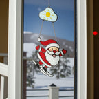 Skiing Santa Stained Glass Suncatcher, Christmas Window Decor, Unique Holiday Gift, Santa Ornament, Winter Wall Art, Handmade Christmas Gift