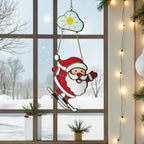 Skiing Santa Stained Glass Suncatcher, Christmas Window Decor, Unique Holiday Gift, Santa Ornament, Winter Wall Art, Handmade Christmas Gift
