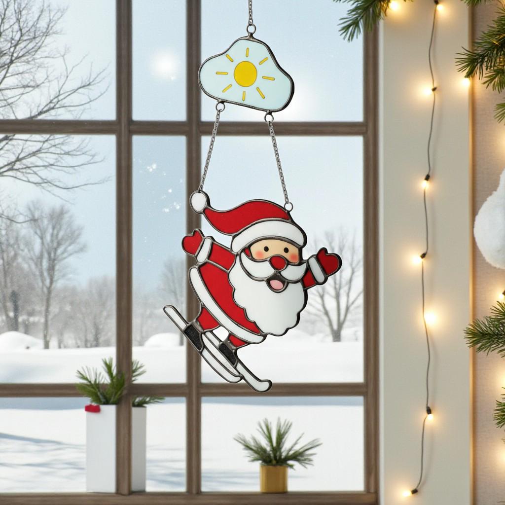 Skiing Santa Stained Glass Suncatcher, Christmas Window Decor, Unique Holiday Gift, Santa Ornament, Winter Wall Art, Handmade Christmas Gift