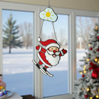 Skiing Santa Stained Glass Suncatcher, Christmas Window Decor, Unique Holiday Gift, Santa Ornament, Winter Wall Art, Handmade Christmas Gift