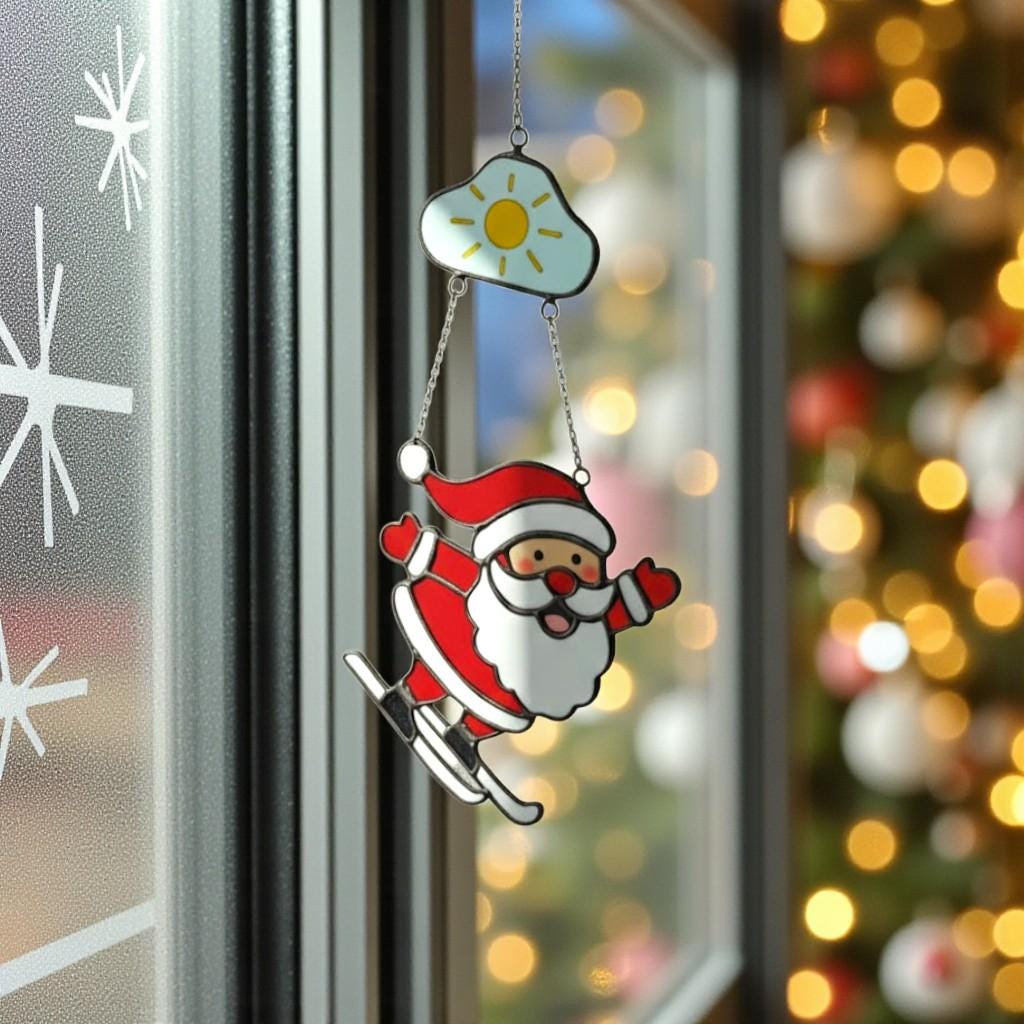 Skiing Santa Stained Glass Suncatcher, Christmas Window Decor, Unique Holiday Gift, Santa Ornament, Winter Wall Art, Handmade Christmas Gift