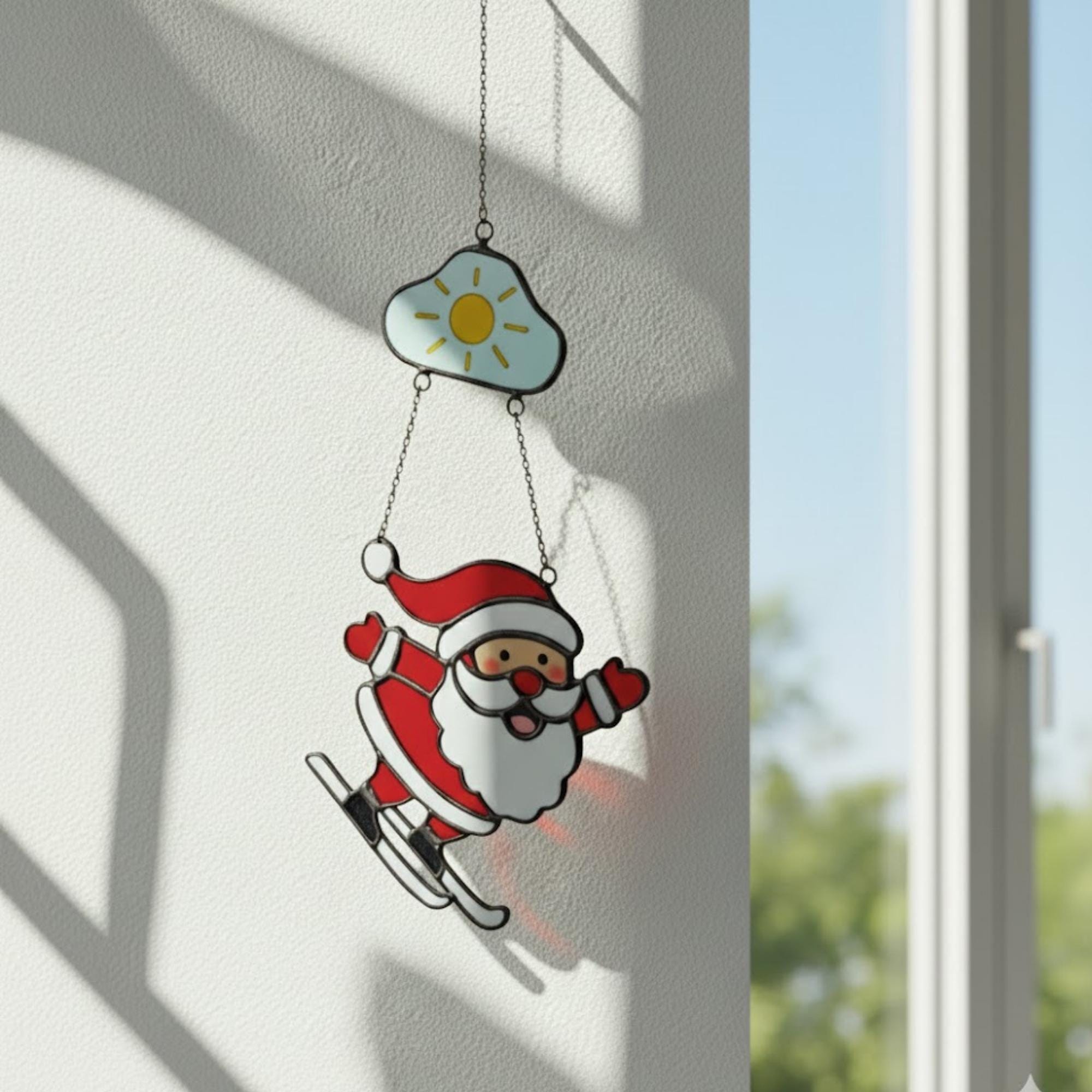 Skiing Santa Stained Glass Suncatcher, Christmas Window Decor, Unique Holiday Gift, Santa Ornament, Winter Wall Art, Handmade Christmas Gift