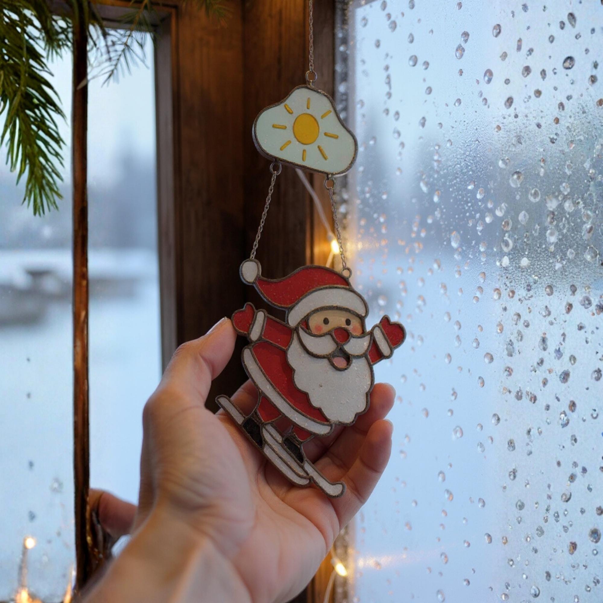Skiing Santa Stained Glass Suncatcher, Christmas Window Decor, Unique Holiday Gift, Santa Ornament, Winter Wall Art, Handmade Christmas Gift