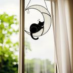 Handmade Stained Glass Cat on the Moon Suncatcher, Moon Window Hanging, Cat Lover Gift, Pet Memorial Keepsake, Peaceful Home Decor Art