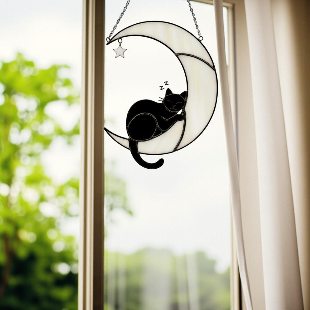 Stained Glass Cat on the Moon Suncatcher, Cat Memorial Gift, Pet Loss Keepsake, Handmade Window Hanging Art, Cat Lover Home Décor Gift
