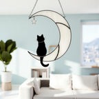 Handmade Stained Glass Cat on the Moon Suncatcher, Moon Window Hanging, Cat Lover Gift, Pet Memorial Keepsake, Peaceful Home Decor Art
