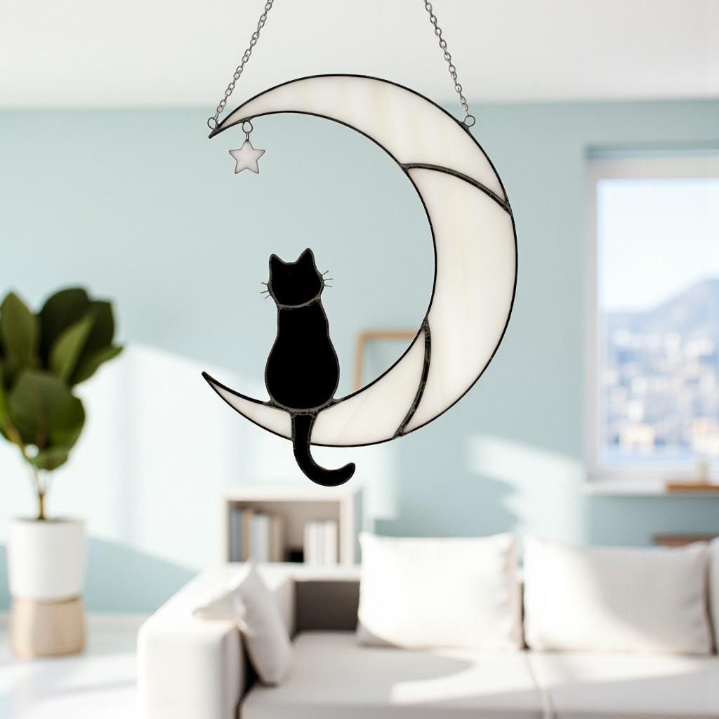 Handmade Stained Glass Cat on the Moon Suncatcher, Moon Window Hanging, Cat Lover Gift, Pet Memorial Keepsake, Peaceful Home Decor Art