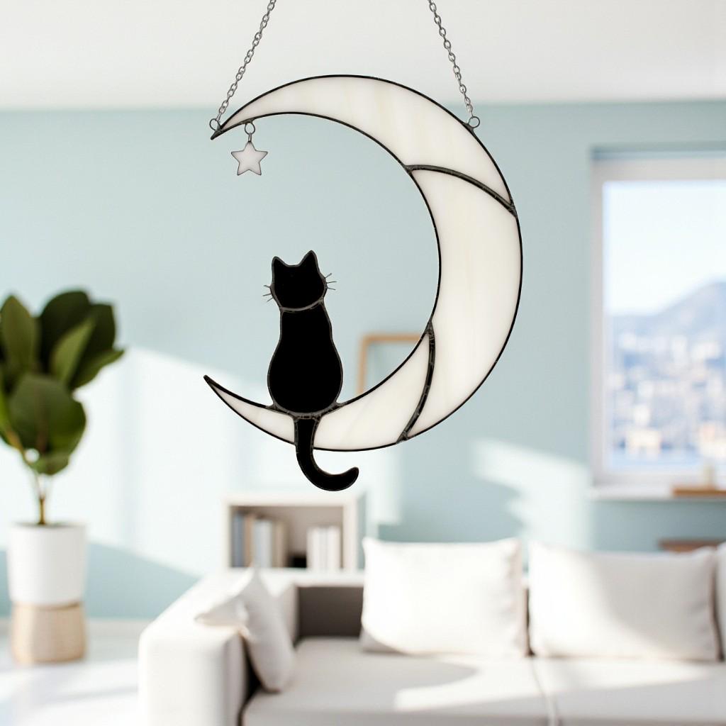 Stained Glass Cat on the Moon Suncatcher, Cat Memorial Gift, Pet Loss Keepsake, Handmade Window Hanging Art, Cat Lover Home Décor Gift