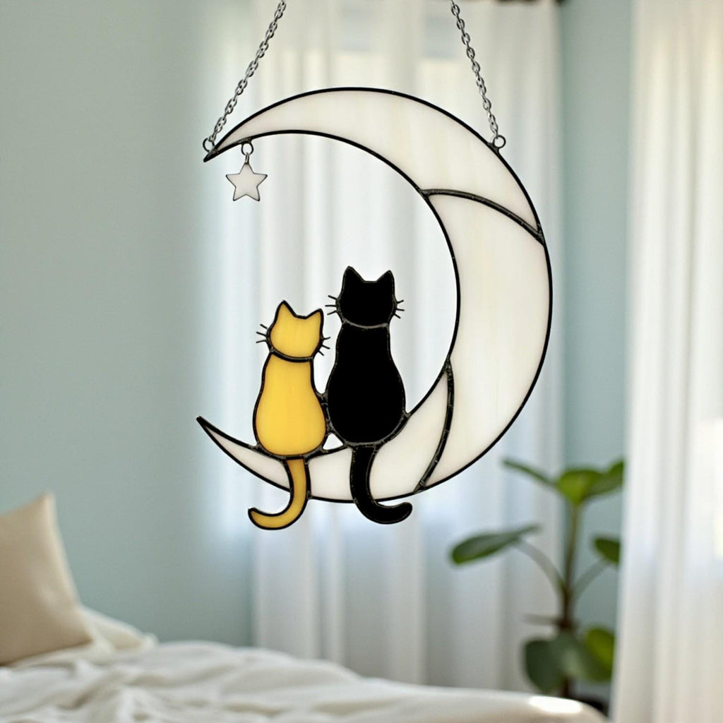 Handmade Stained Glass Cat on the Moon Suncatcher, Moon Window Hanging, Cat Lover Gift, Pet Memorial Keepsake, Peaceful Home Decor Art