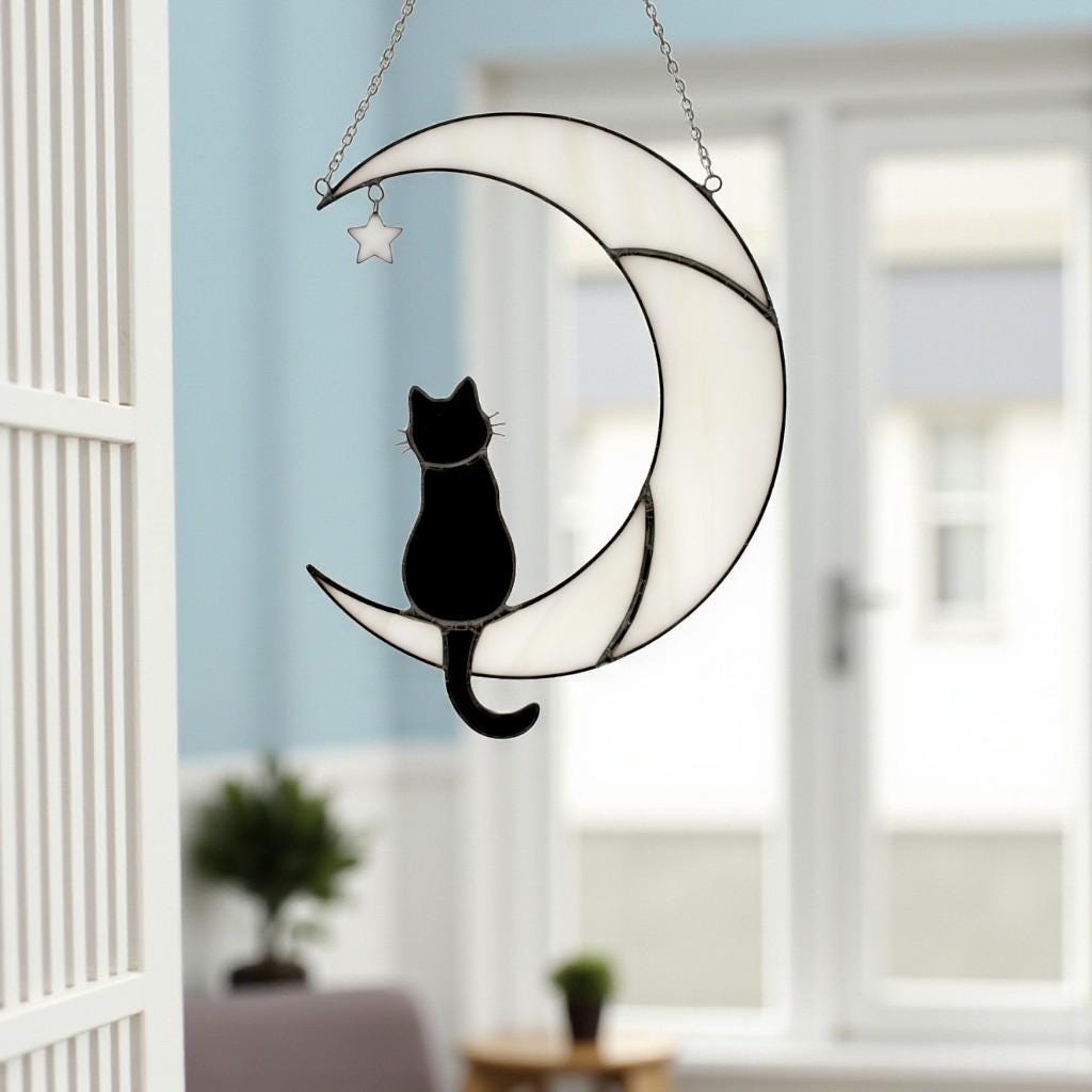 Handmade Stained Glass Cat on the Moon Suncatcher, Moon Window Hanging, Cat Lover Gift, Pet Memorial Keepsake, Peaceful Home Decor Art