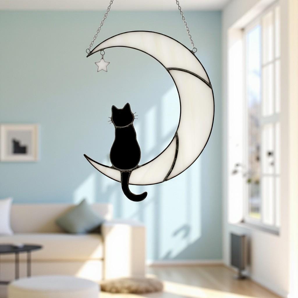 Stained Glass Cat on the Moon Suncatcher, Cat Memorial Gift, Pet Loss Keepsake, Handmade Window Hanging Art, Cat Lover Home Décor Gift