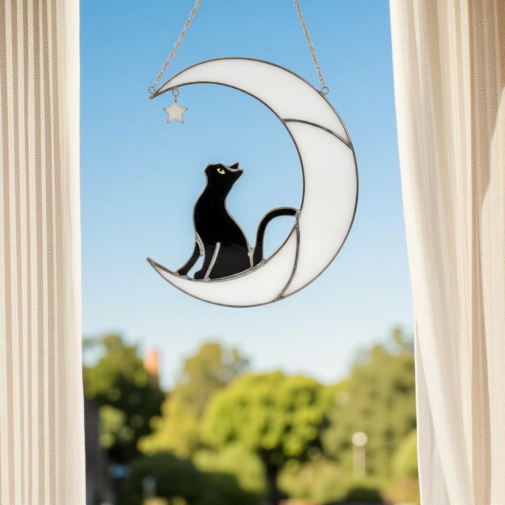 Handmade Stained Glass Cat on the Moon Suncatcher, Moon Window Hanging, Cat Lover Gift, Pet Memorial Keepsake, Peaceful Home Decor Art