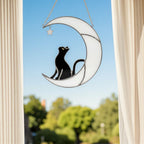 Handmade Stained Glass Cat on the Moon Suncatcher, Moon Window Hanging, Cat Lover Gift, Pet Memorial Keepsake, Peaceful Home Decor Art
