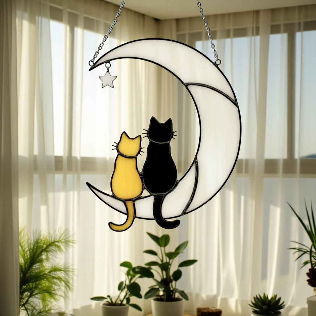 Handmade Stained Glass Cat on the Moon Suncatcher, Moon Window Hanging, Cat Lover Gift, Pet Memorial Keepsake, Peaceful Home Decor Art