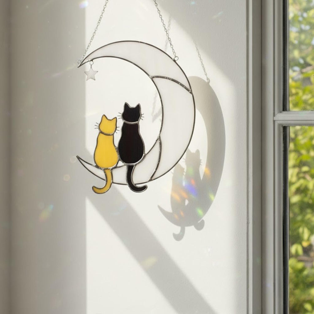 Handmade Stained Glass Cat on the Moon Suncatcher, Moon Window Hanging, Cat Lover Gift, Pet Memorial Keepsake, Peaceful Home Decor Art