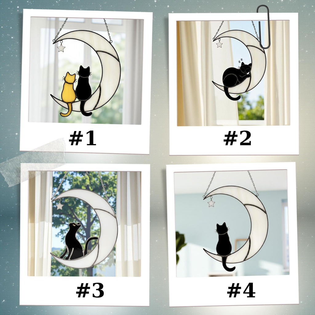 Stained Glass Cat on the Moon Suncatcher, Cat Memorial Gift, Pet Loss Keepsake, Handmade Window Hanging Art, Cat Lover Home Décor Gift