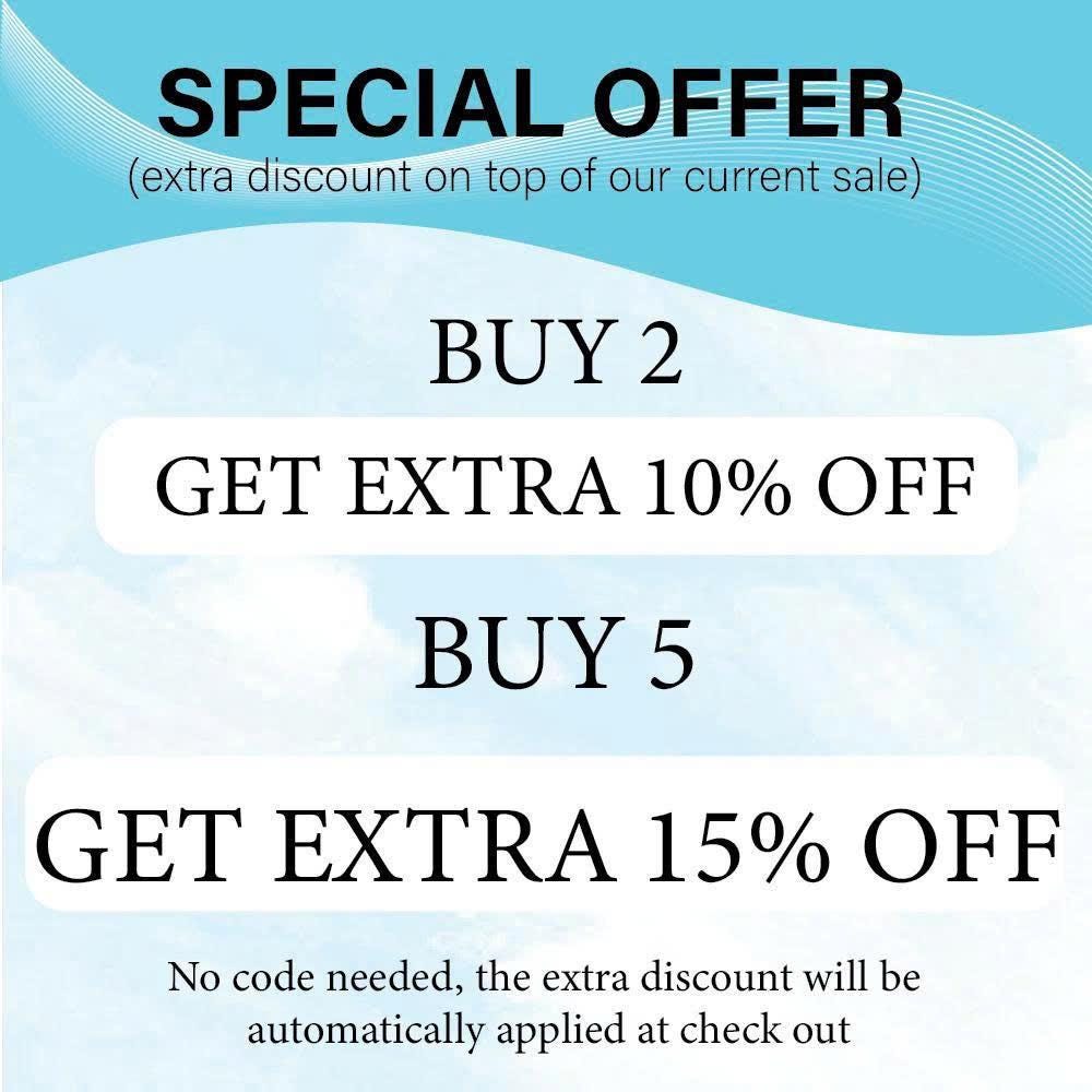 Special offer card — Buy 2 get 10% off, Buy 5 get 15% off, handmade Christmas stained glass promotion.