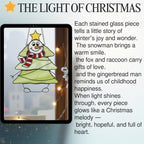 Stained glass snowman ornament glowing with Christmas lights, handmade window decor.
