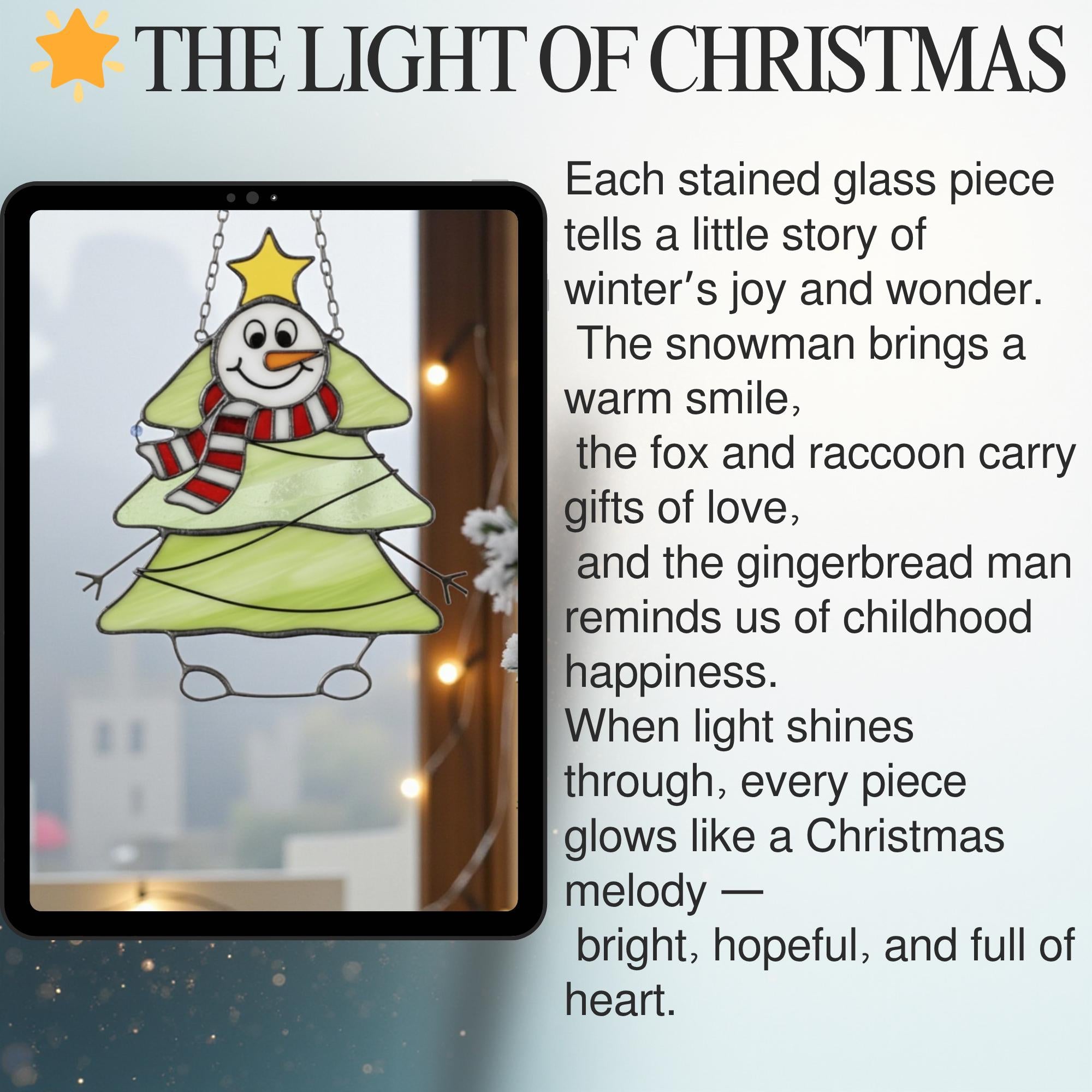 Stained glass snowman ornament glowing with Christmas lights, handmade window decor.