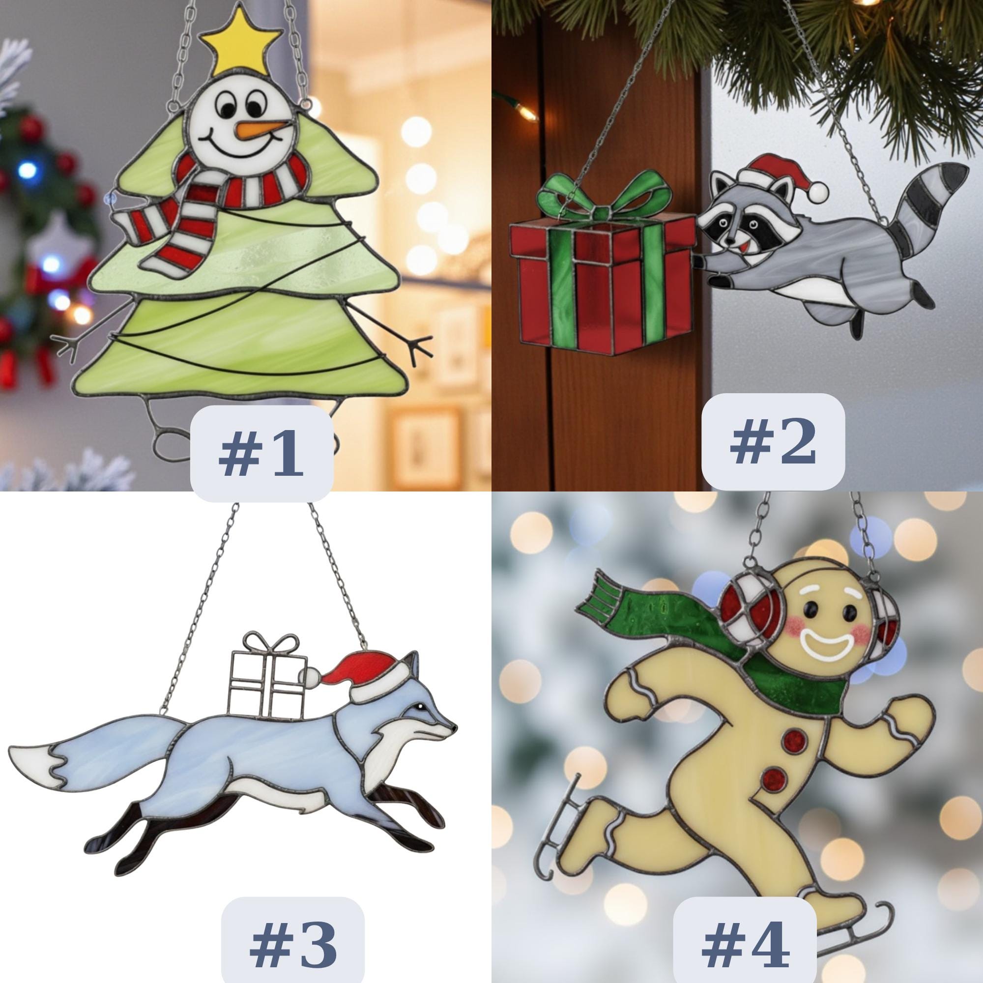 Christmas ornament collection preview — snowman, raccoon, fox, and gingerbread stained glass designs.
