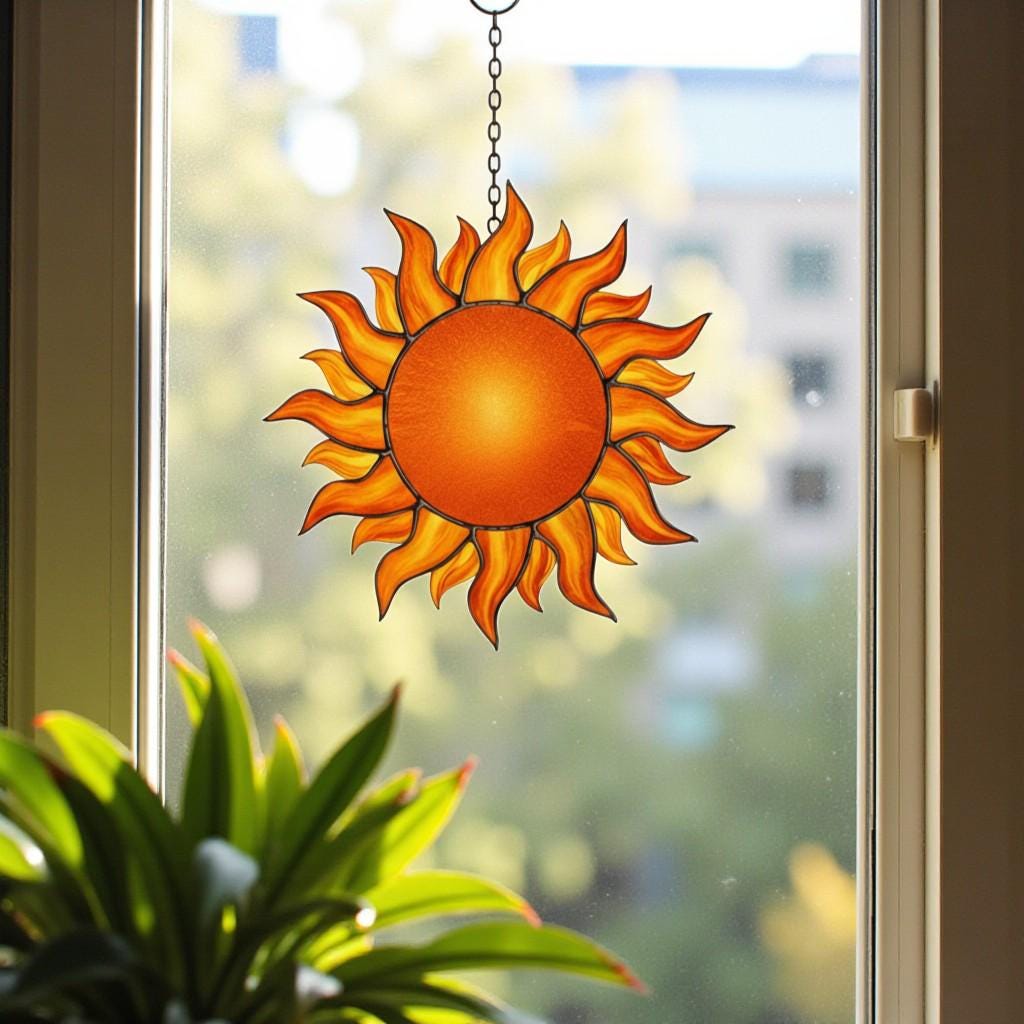 Stained Glass Sun Suncatcher – Handmade Sun Window Decor, Boho Wall Hanging Ornament, Summer Home Decoration Gift for Her, Mom, or Friend