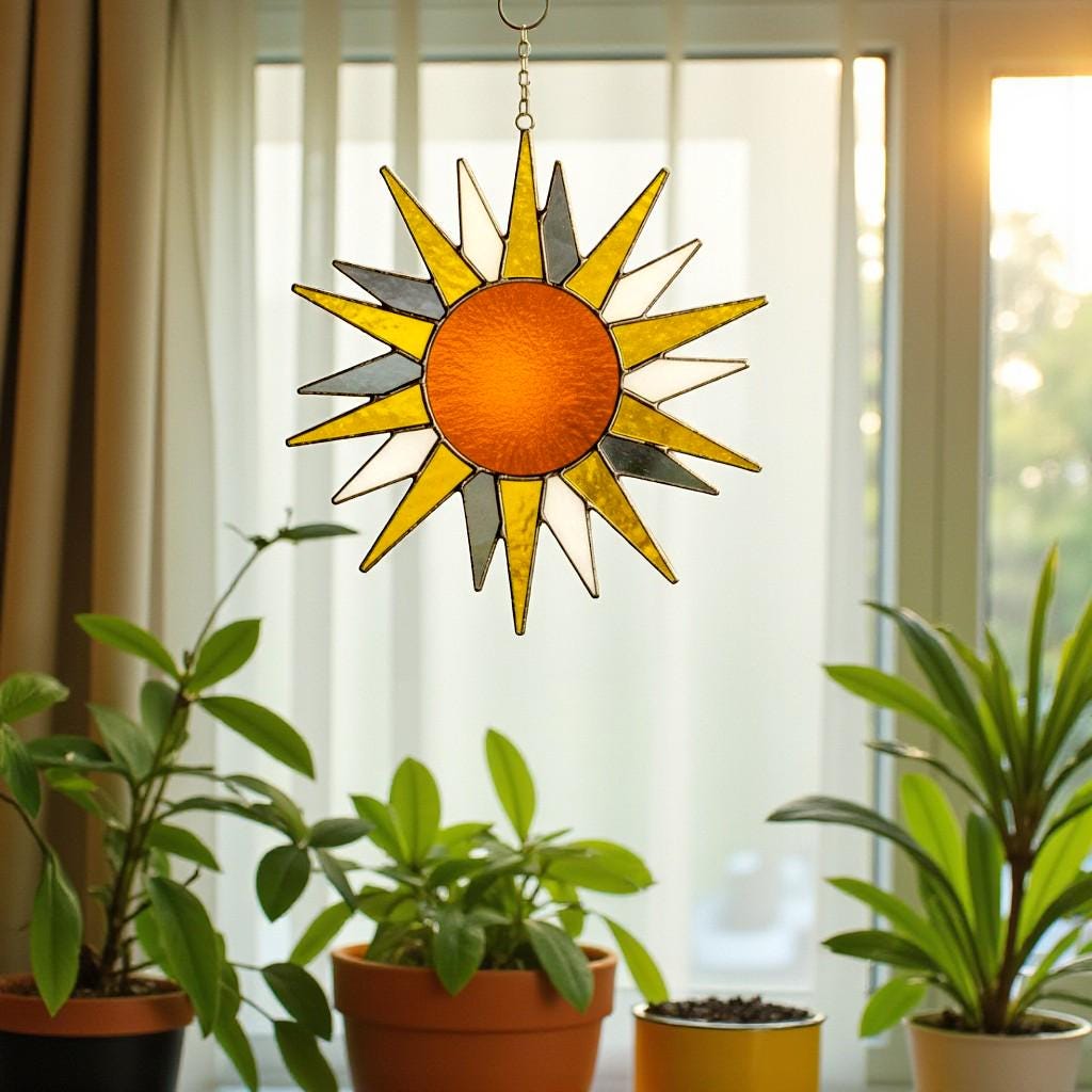 Stained Glass Sun Suncatcher – Handmade Sun Window Decor, Boho Wall Hanging Ornament, Summer Home Decoration Gift for Her, Mom, or Friend