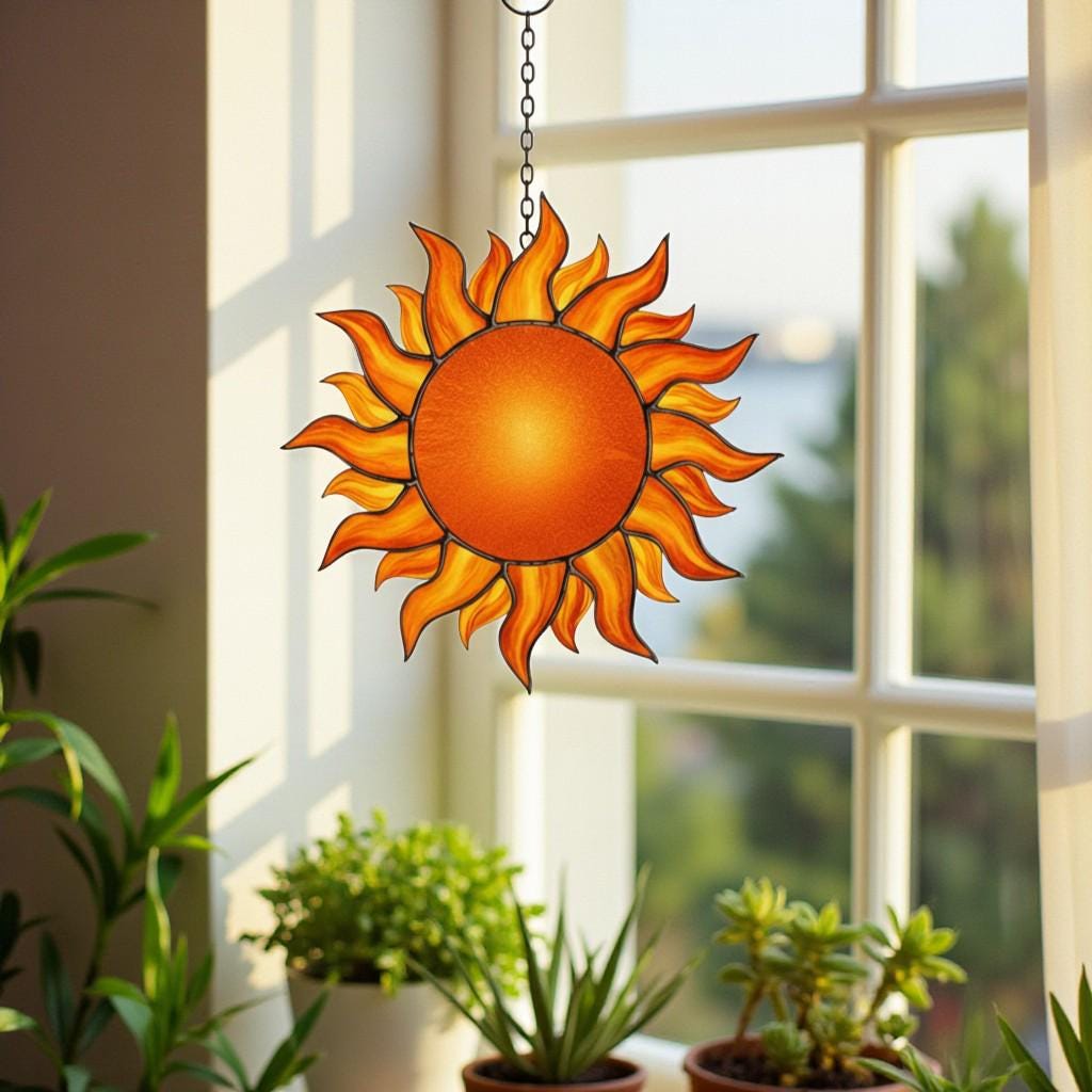 Stained Glass Sun Suncatcher – Handmade Sun Window Decor, Boho Wall Hanging Ornament, Summer Home Decoration Gift for Her, Mom, or Friend