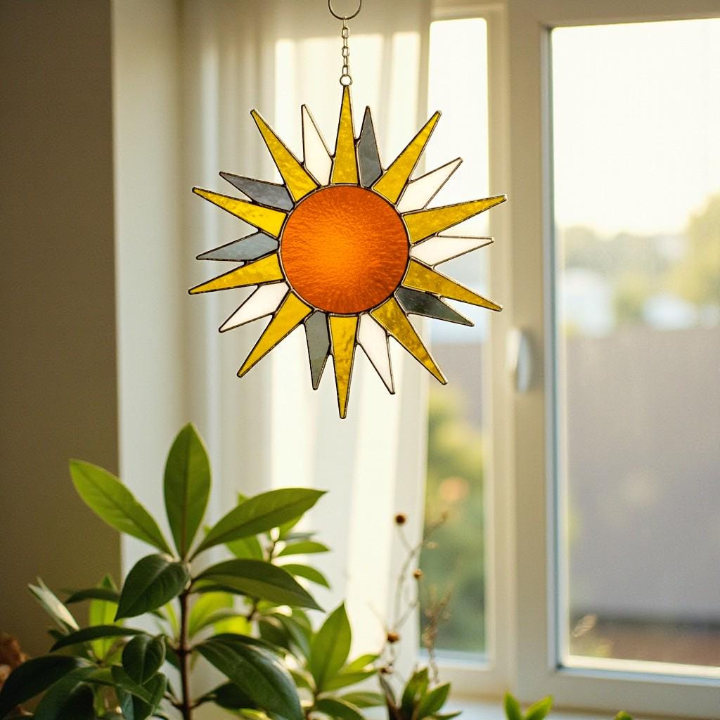 Stained Glass Sun Suncatcher – Handmade Sunlight Window Decor, Gift for Her, Mom, or Friend, Boho Wall Hanging, Summer Home Decoration Art