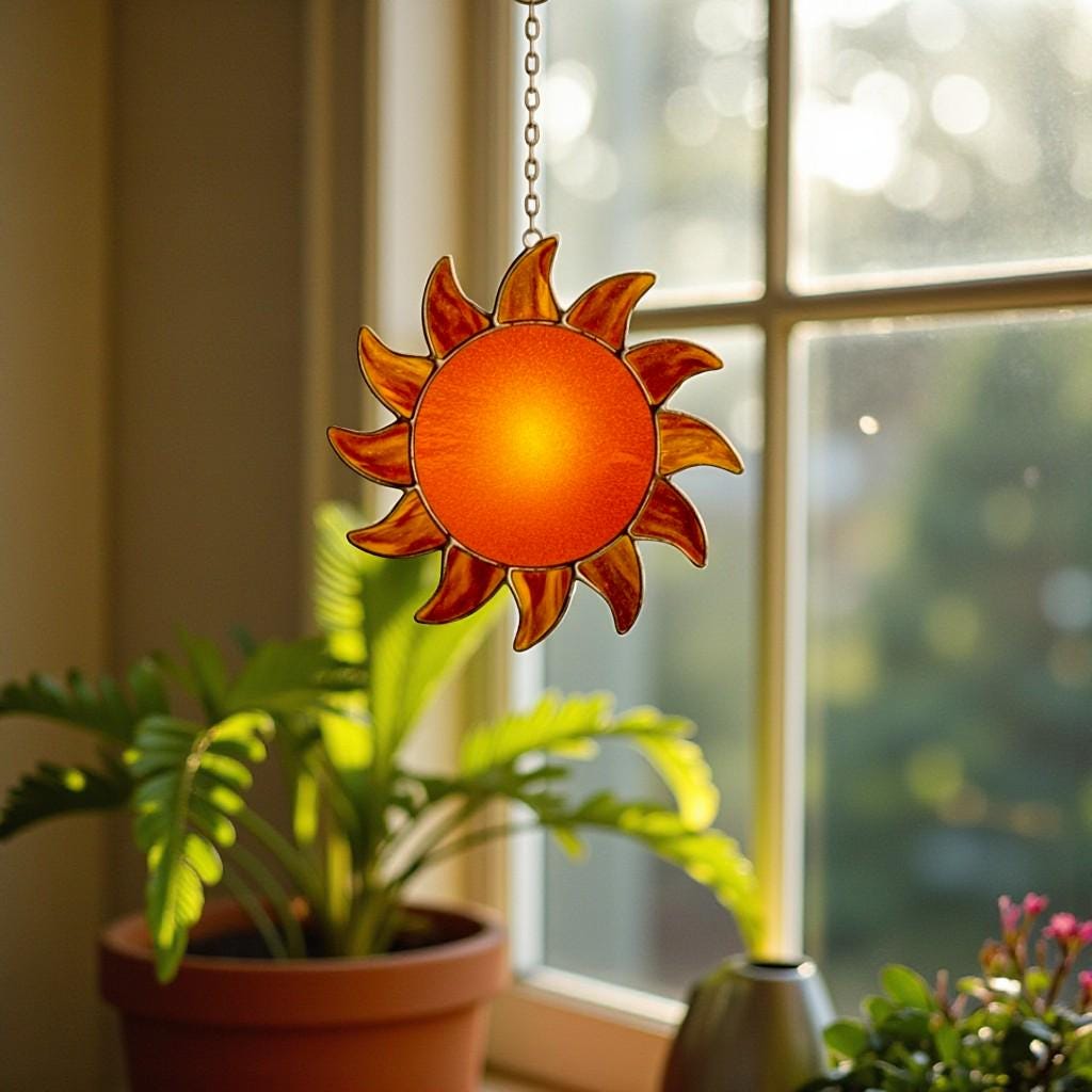 Stained Glass Sun Suncatcher – Handmade Sunlight Window Decor, Gift for Her, Mom, or Friend, Boho Wall Hanging, Summer Home Decoration Art