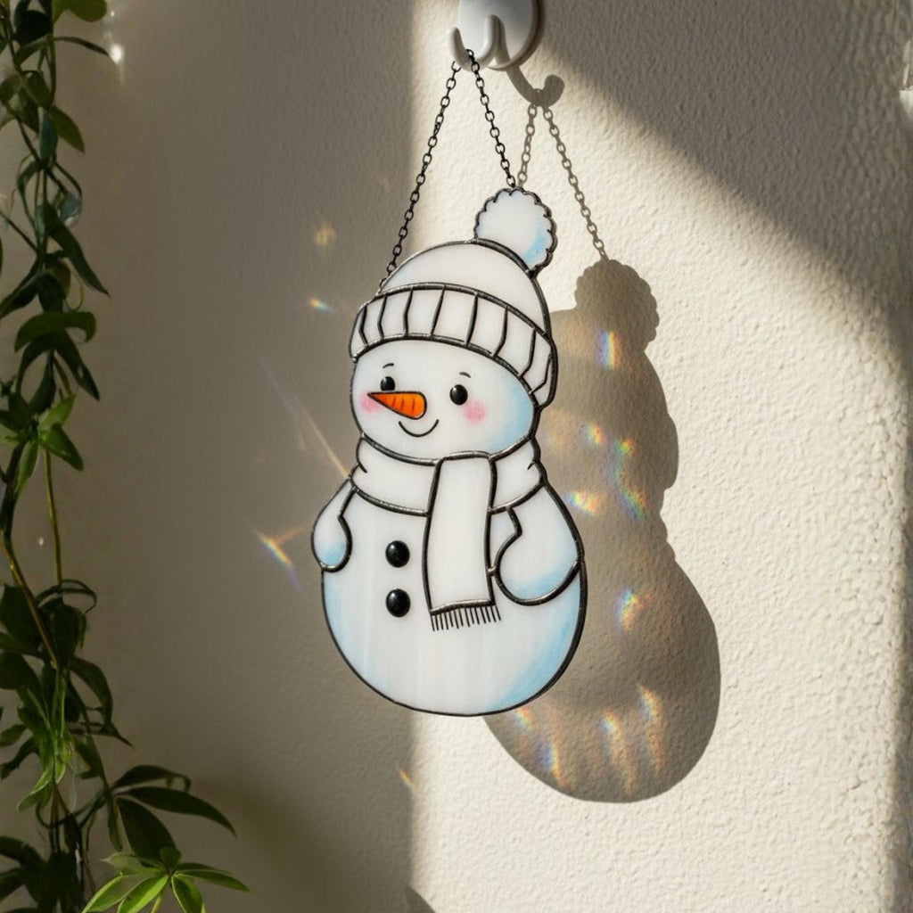 Unique stained glass snowman with broom and red hat – perfect gift for Christmas or housewarming.