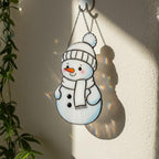 Unique stained glass snowman with broom and red hat – perfect gift for Christmas or housewarming.