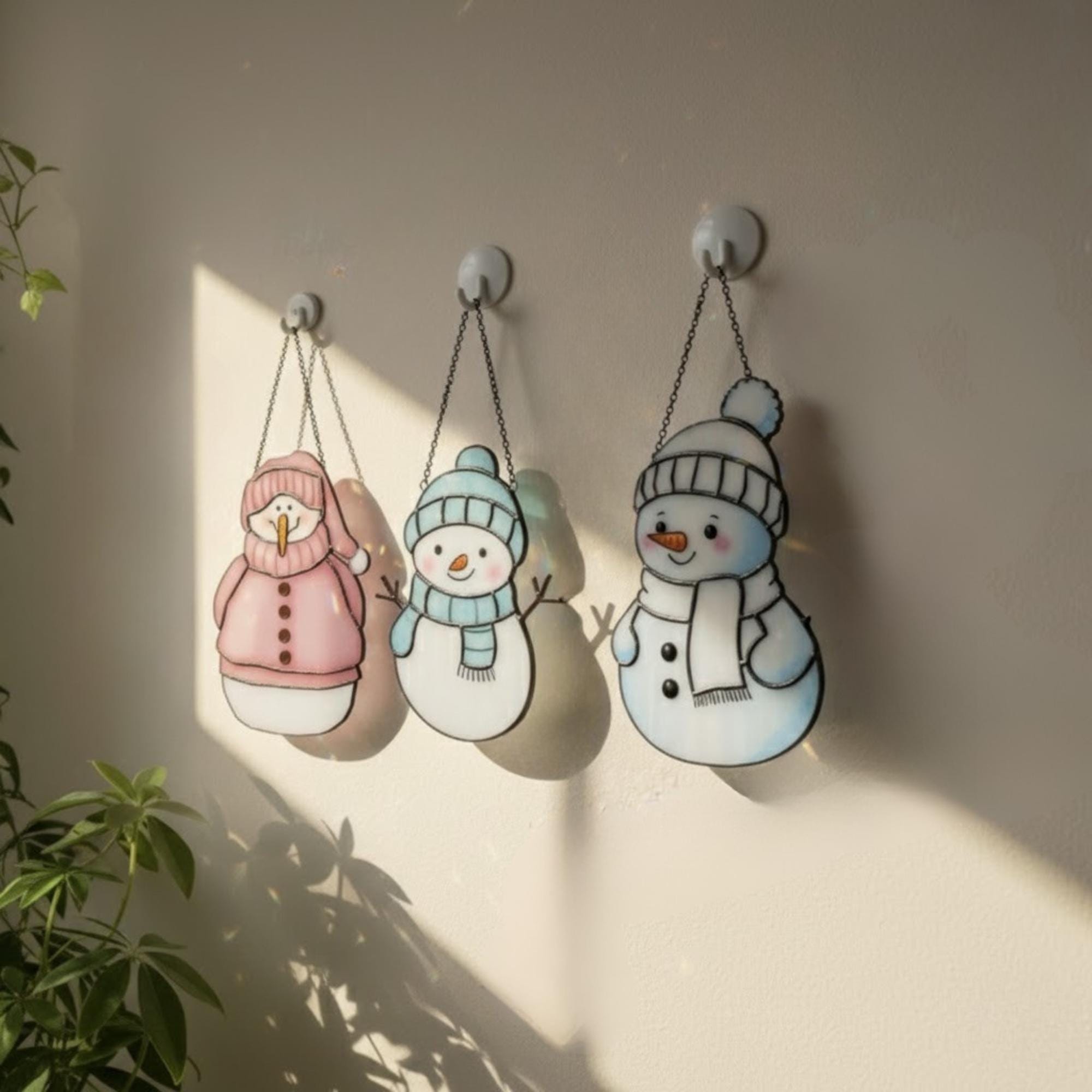 Set of three stained glass snowman ornaments hanging near plants – colorful handmade window decor.