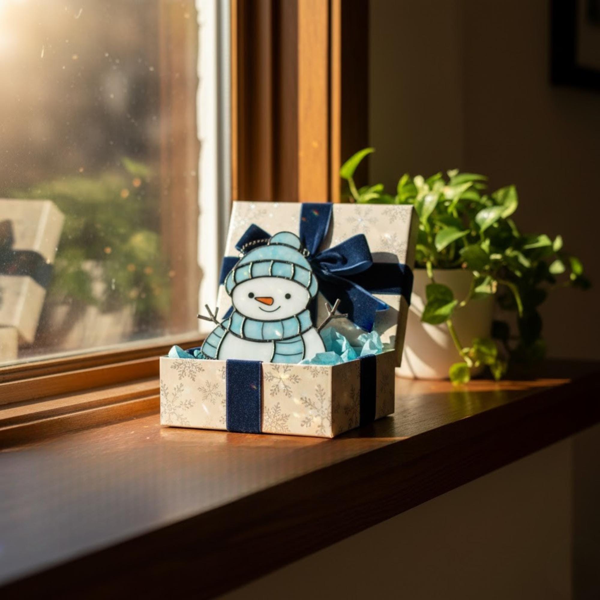 Woman smiling while hanging snowman suncatcher – handmade stained glass winter decor.