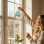 Couple holding handmade stained glass snowman ornament near window – perfect Christmas gift for her or him.