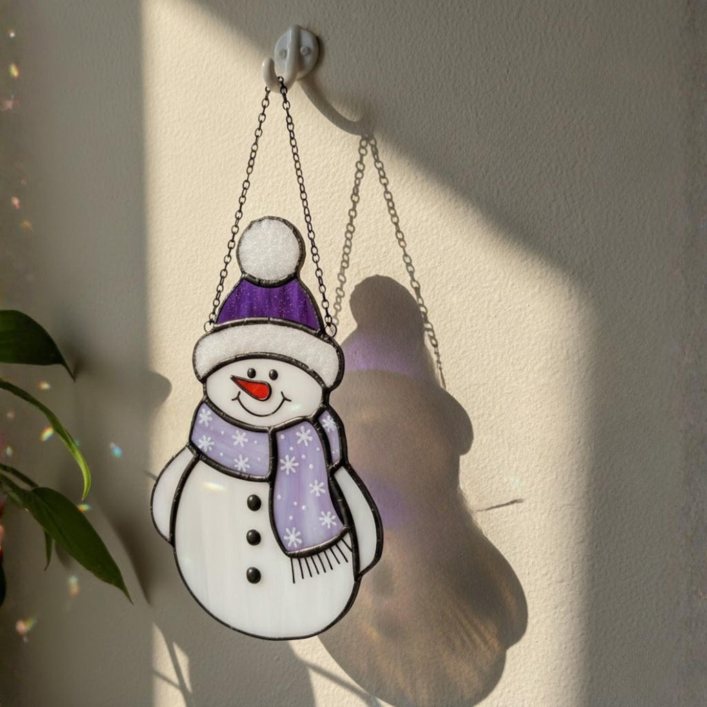 Pink striped snowman ornament with heart – handcrafted Christmas suncatcher decor.