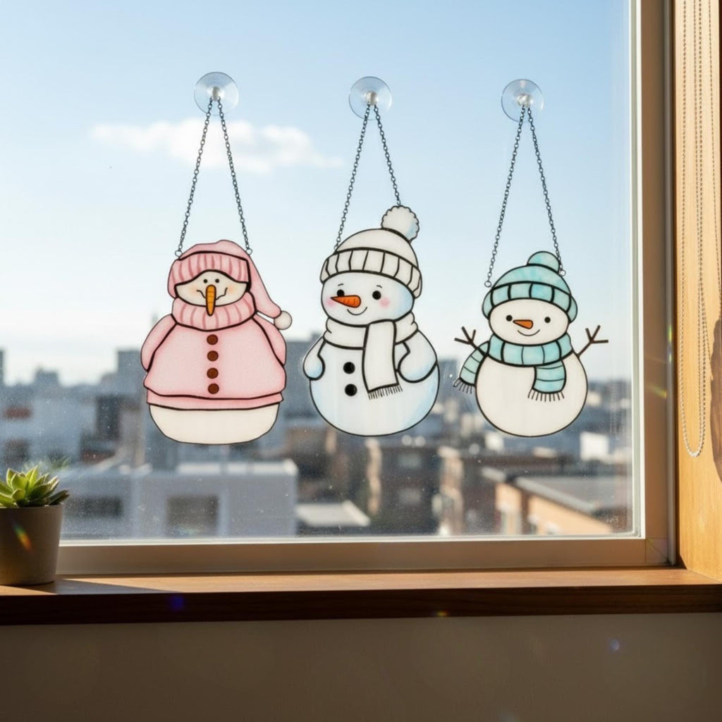 Hands holding stained glass snowman suncatcher under sunlight – winter handmade gift idea.