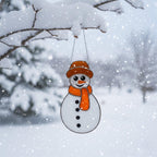 Snowman ornament with broom stained glass design – winter handmade decor for home window.