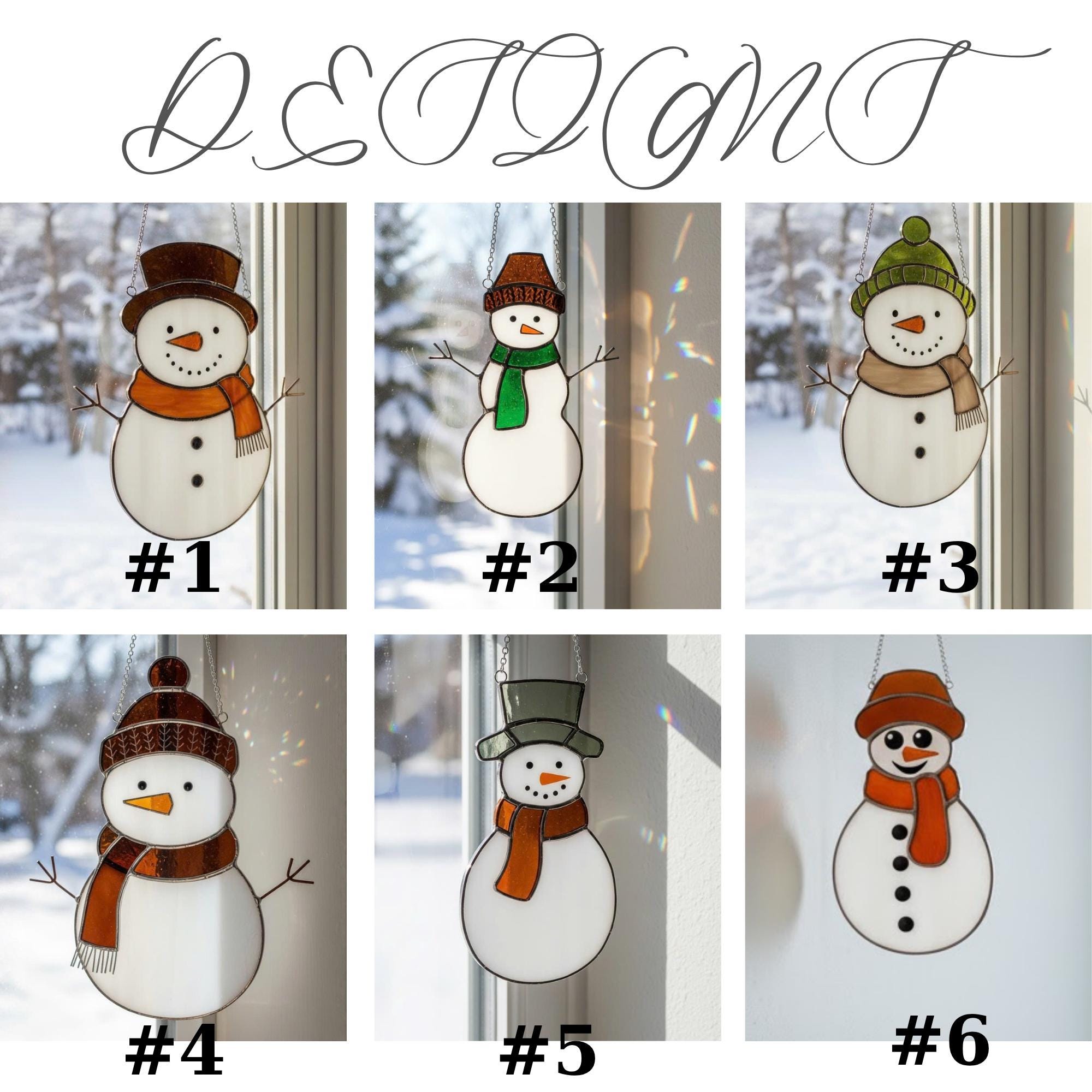 Trio of snowman ornaments hanging on snowy pine tree – outdoor Christmas stained glass decoration.