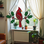 Memorial red cardinal glass art for window – meaningful stained glass bird gift for mom or her.