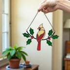 Red bird stained glass ornament close-up – memorial gift or Christmas decor for her and mom.