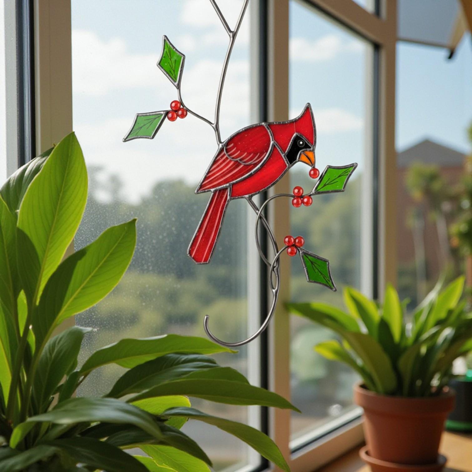 Handmade stained glass cardinal bird suncatcher hanging in sunny window – red cardinal ornament home decor gift.