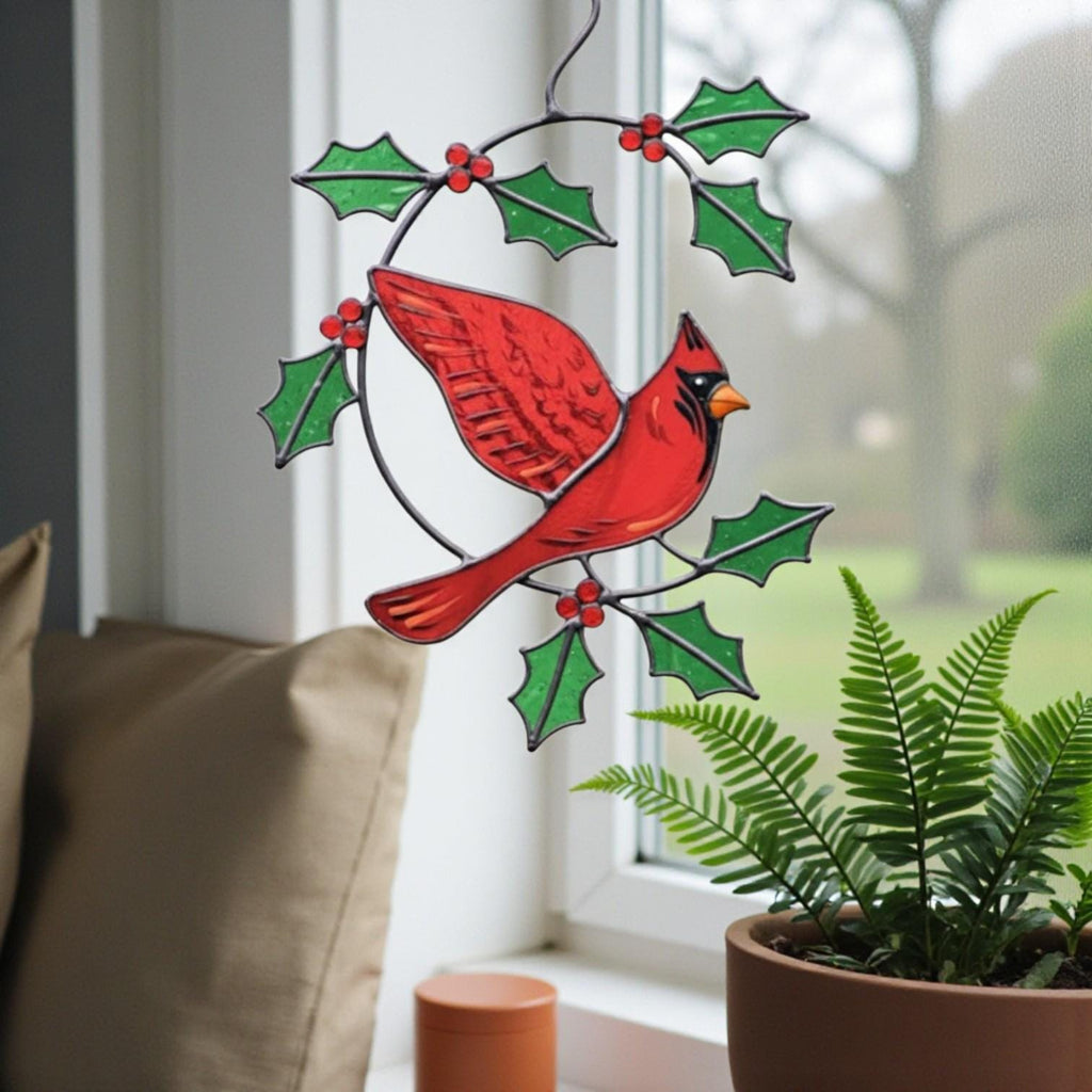 Red stained glass bird sitting on branch – artistic window hanging ornament gift for bird lovers.