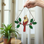 Stained glass cardinal bird with holly – colorful window hanging art piece, handmade holiday gift.