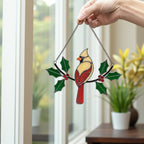 Handmade stained glass red cardinal bird window hanging – nature lover home decoration.