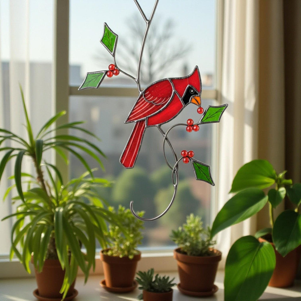 Handmade red glass cardinal bird ornament glowing in daylight – perfect home and garden decor.