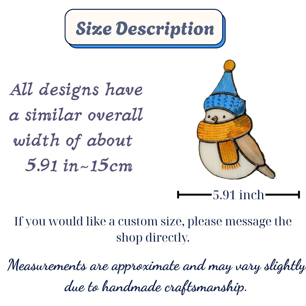 Size chart showing dimensions of bird stained glass ornament – handmade gift detail image.