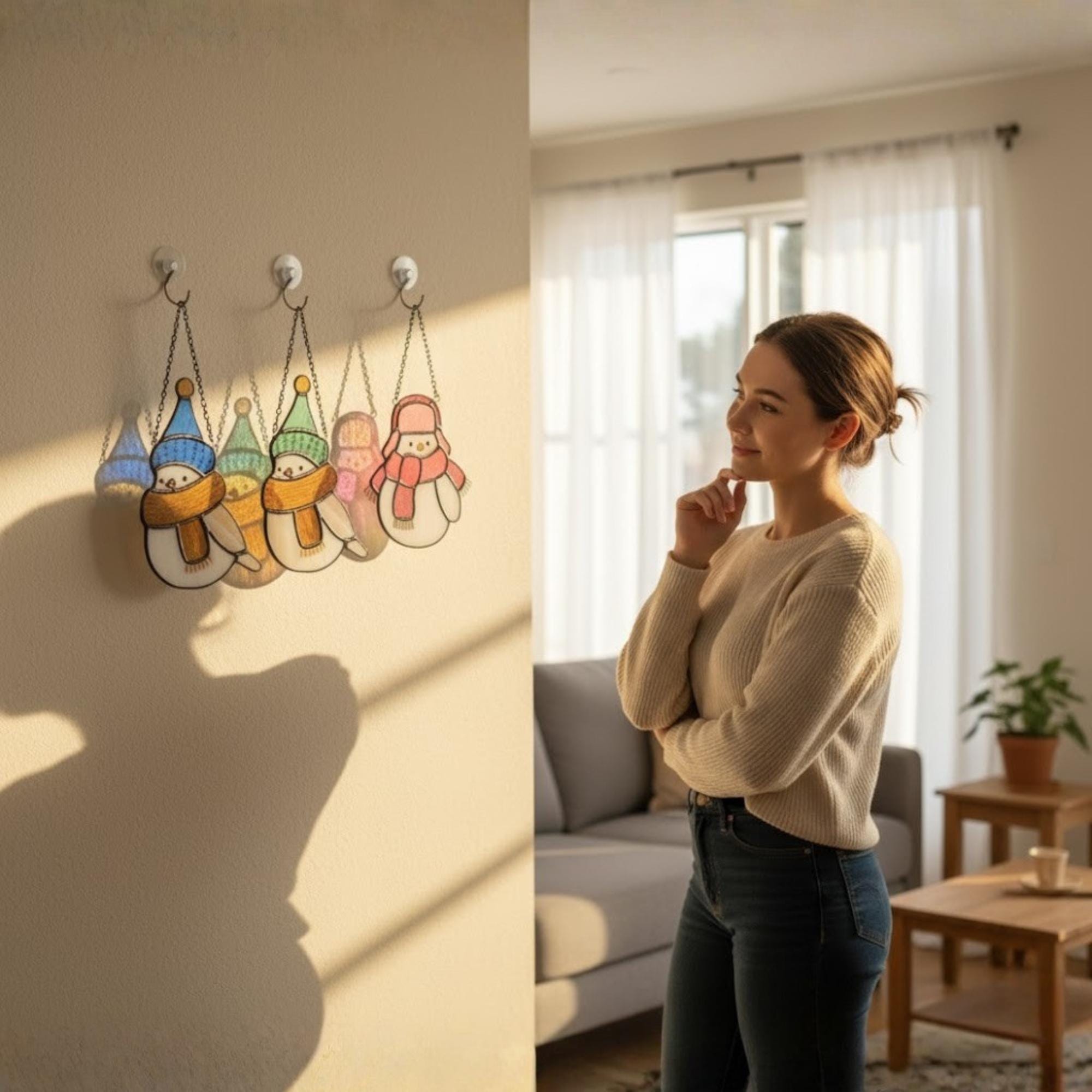 Stained glass birds glowing in morning light – cozy handmade winter window decor.